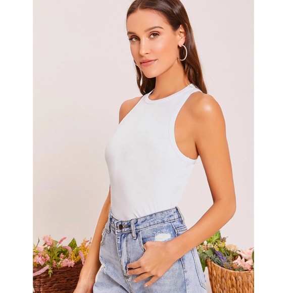 White Tank Top Racerback Round Neck Slim Fit Stretchy Basic - Picture 3 of 7